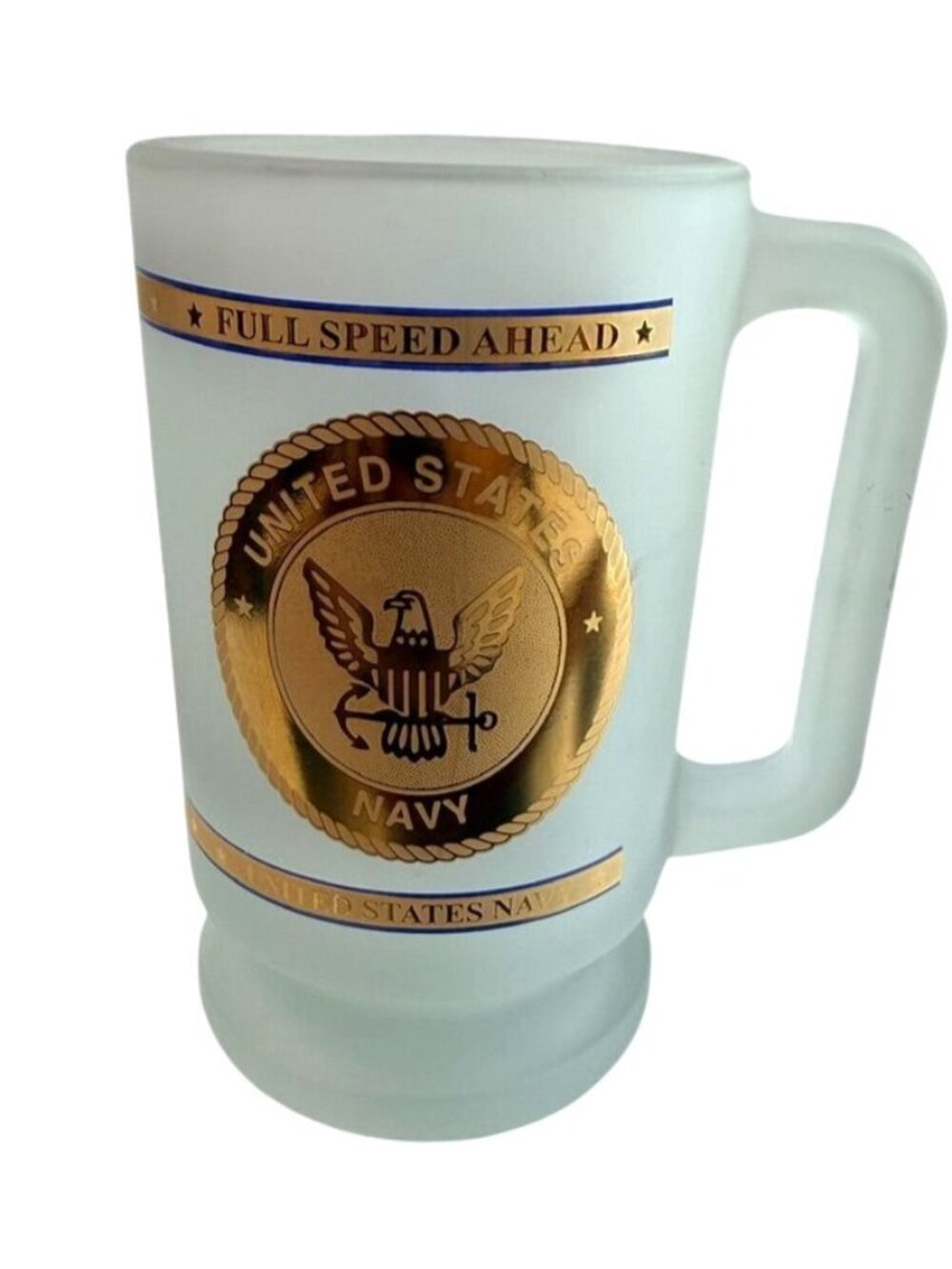 United States Navy Frosted Glass Beer Stein - Gold Eagle Medallion - "Full Speed